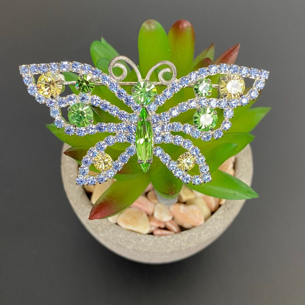 Vintage 1950s Rhinestone Butterfly Brooch Pin Peridot Blue Crystals 